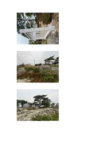 Fotografier av en tomt med eksisterende hus og natur (stein, trær) sett fra ulike vinkler.