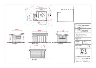 Fasadetegning som viser bygningens utseende fra fire sider (Nord Øst, Nord Vest, Sør Vest og Sør Øst) med mål og detaljer.