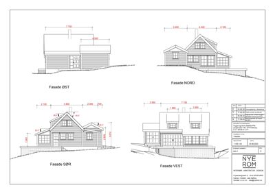 Fasadetegning som viser bygningens utseende fra fire sider (Øst, Nord, Sør og Vest) med mål og detaljer.