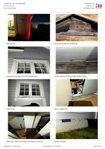 Et dokument som inneholder en samling fotografier av en bygning (Largøyveien 186) med tilhørende beskrivelser av skader og tilstand, som er tatt under en befaring.