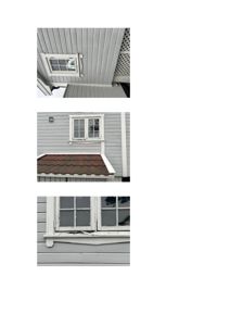 Fotografier av fasadeelementer på en bygning, inkludert vinduer og taklist.