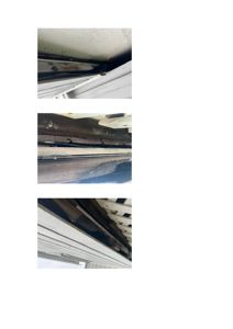 Fotografier av fukt og råte i takkonstruksjonen under en taklist.