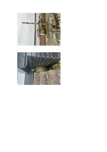 Fotografier av en bygning, inkludert utsikt over tak og fasade, samt et nærbilde av en hjørnekonstruksjon med mørke trepaneler og steinmur.