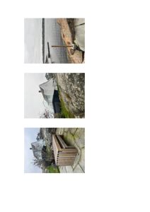 Fotografier av en byggeplass med en ferdig fasade, en steinmur og en stakket hekk.