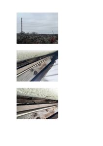 Et sammensatt bilde (collage) som viser tre separate fotografier: øverst en utsikt over et felt med strømledninger, midt i bildet et nærbilde av en skadet eller gammel takkonstruksjon med trevirke og isolasjon, og nederst et tilsvarende nærbilde av takkonstruksjonen.