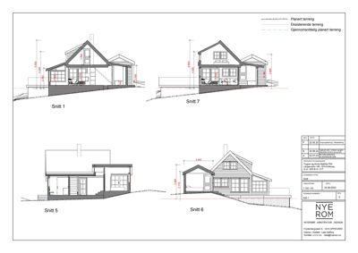Snittegninger som viser tverrsnitt gjennom bygningen (Snitt 1, 5, 6 og 7) med høydemål og terrengforhold.