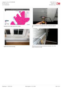 Et dokument som inneholder fire fotografier fra en befaring på en bygning, med beskrivelser av radonmålinger, fuktighet og råteskader.