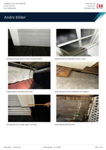 Et dokument med flere fotografier som viser skader og feil ved en bygning, inkludert etasjeplaner, vinduer, terrasser og vegger.