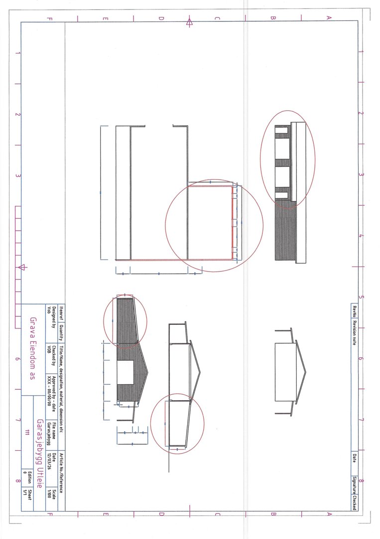 Fasadetegning som viser oppriss av en bygning sett fra siden, med detaljer om vinduer og takform.