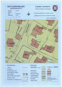 Situasjonskart med kommunale planer som viser eiendomsnummer, vegnett, eksisterende og planlagt bebyggelse.