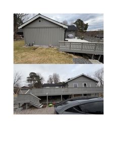 Fotografier av en grå hytte med terrasse og trapp sett fra bakken.