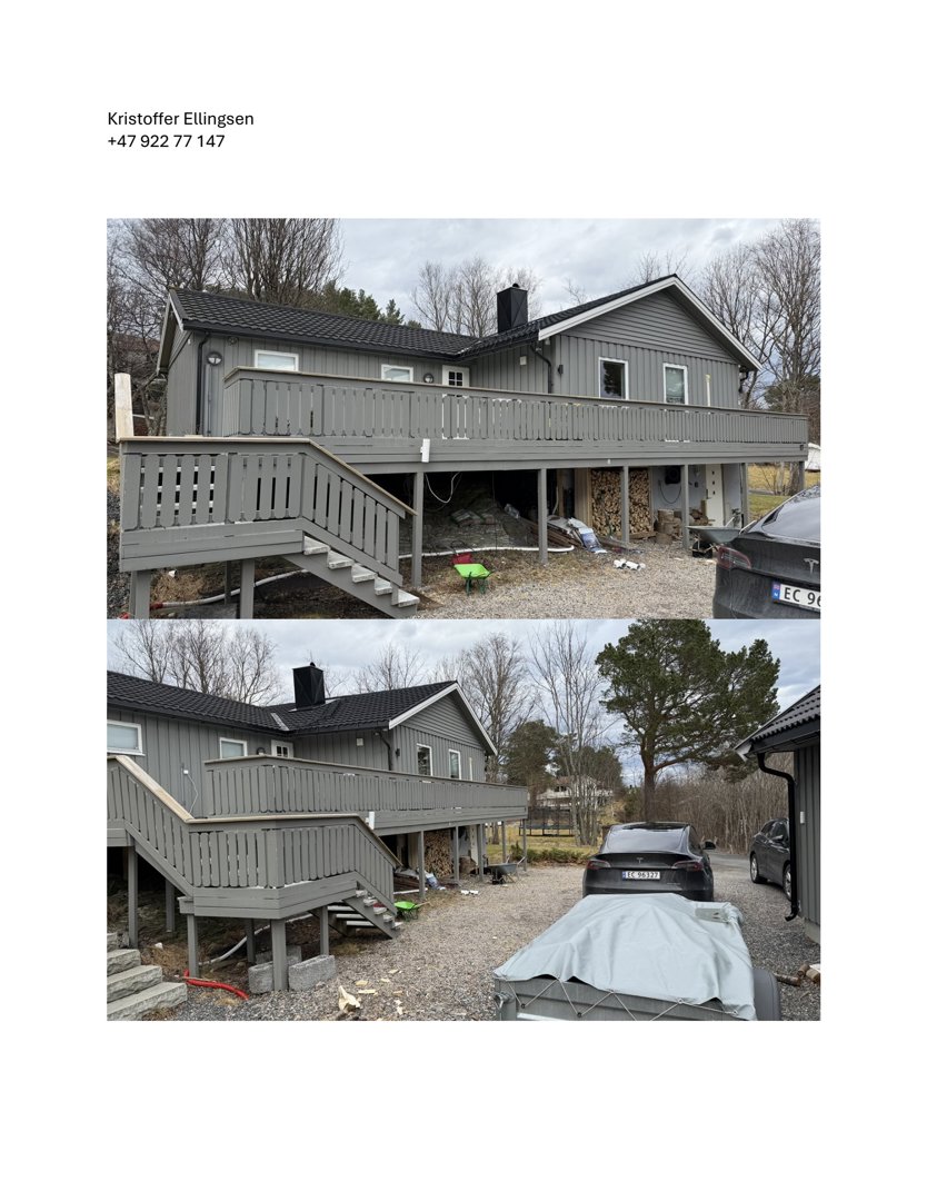 Fotografier av en grå hytte med stor terrasse og trapp, sett fra ulike vinkler.