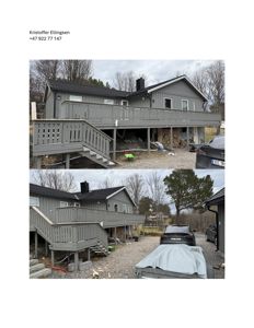 Fotografier av en grå hytte med stor terrasse og trapp, sett fra ulike vinkler.