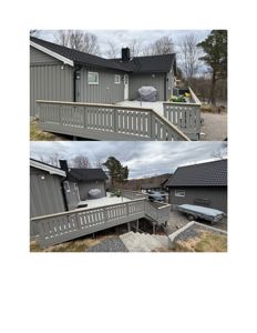 Fotografi av en grå hytte med terrasse og trapp sett fra bakken.