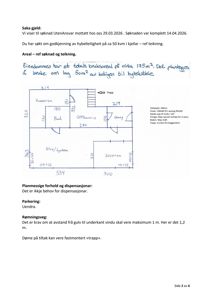 Etasjeplan (eller kjellerplan) som viser romfordeling, mål på vegger og dører, samt plassering av trapp og vindu.