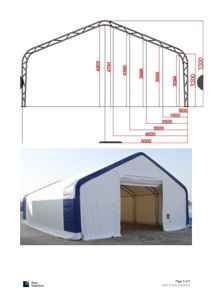 En tegning som viser et tverrsnitt (snitt) av en metallkonstruksjon med mål, kombinert med et fotografi av selve teltet.