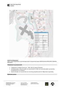Et utskrift fra Bergenskart som viser eiendomsdata og eiendomsgranser for et byggeområde.