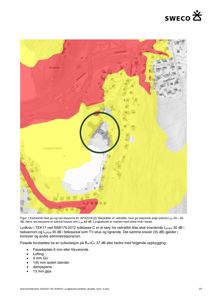 Kartutsnitt som viser støysoner (gul og rød) rundt et byggeområde, med tekstdokumentasjon om lydkrav og fasadeoppbygging.