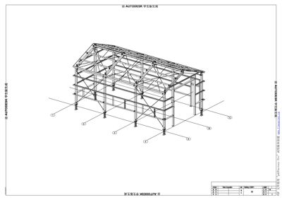 En 3D-modellering av en stålkonstruksjon (ramme) for et bygg, vist i isometrisk perspektiv med akselnummerering.