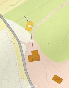 Situasjonsplan som viser tomtens plassering i forhold til vei og nabolag, med angitte mål og areal.