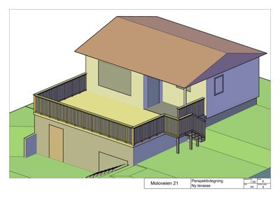 3D-perspektivtegning som viser en ny terrasse med trapp og balustrade på en eksisterende bygning.