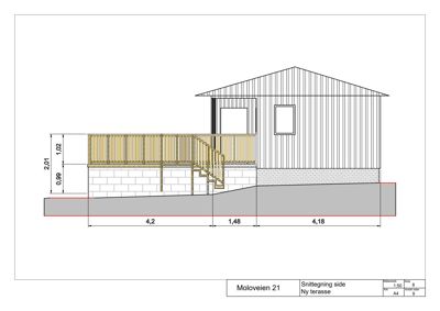 Snittegning som viser tverrsnitt gjennom en bygning med ny terrasse, inkludert mål på høyder og bredder.
