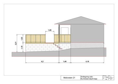 Snittegning som viser tverrsnitt gjennom en ny terrasse og skjult trapp med angitte mål.