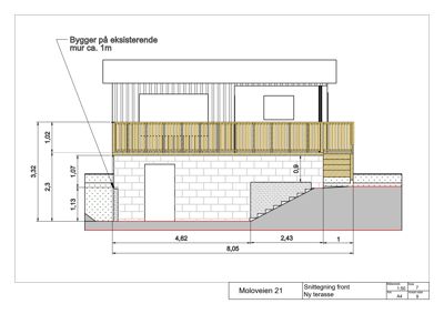 Snittegning som viser tverrsnitt av en fasade med ny terrasse, eksisterende mur og trapp.