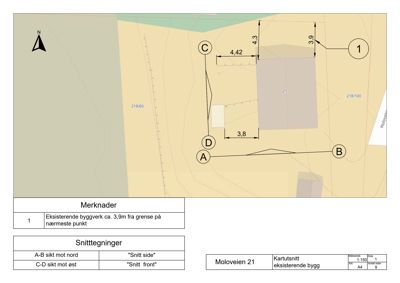 Kartutsnitt (situasjonsplan) som viser eksisterende byggverk, tomtegrenser, høydeforskjeller og snittlinjer for bygget.