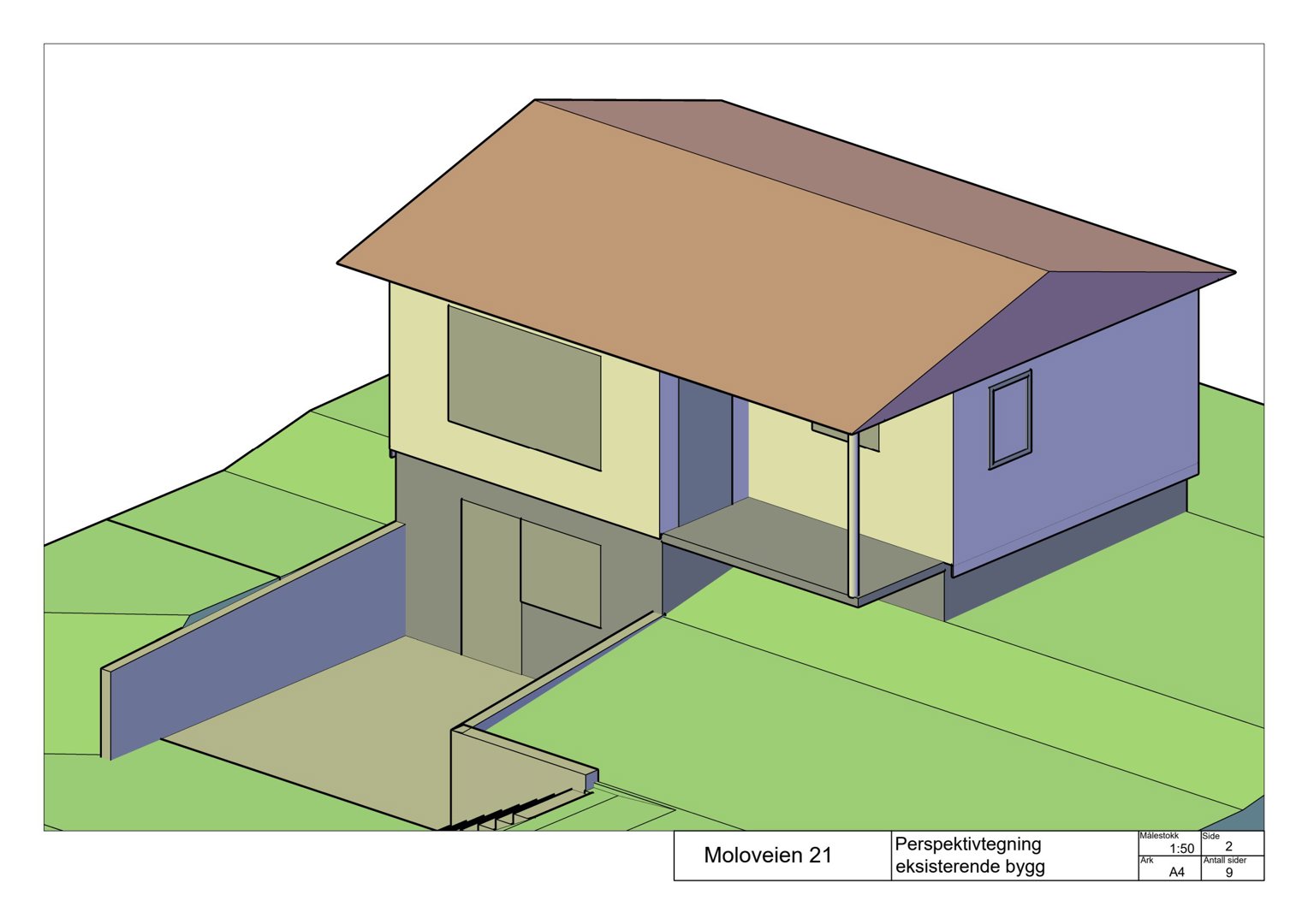 En 3D-perspektivtegning (rendering) av en eksisterende bygning på Moloveien 21, som viser fasade og omgivelser.