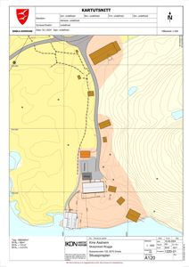 Situasjonsplan (kartutsnitt) som viser tomtens beliggenhet, høydekurver, vei, vann og naboeiendommer.