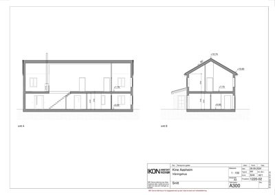 Snittegning (snitt A og B) som viser tverrsnittet av et vininghus med høydemål og romfordeling.