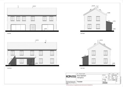 Fasadetegning som viser frontene (mot Sør, Nord, Aust og Vest) på et planlagt vinninghus med høydeangivelser og vindusoppsett.
