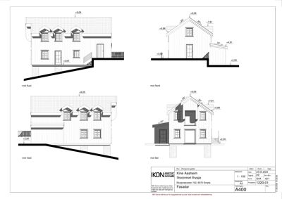 Fasadetegning som viser bygningens utseende fra fire sider (mot Aust, Nord, Vest og Sør) med høydemål og orientering.