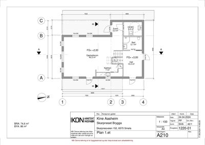 Etasjeplan (Plan 1.et) som viser romfordeling, mål og areal for et hus.