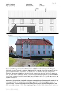 Fotografi av en eksisterende hvit malte tømmerhytte med rød takflis, sett fra nord. Bildet er brukt som illustrasjon i en byggesak for å vise en eksisterende inngangsdør som kommunen mener er plassert feil (mot vestfasaden) i strid med byggetradisjonen på Smøla.