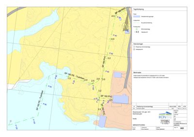 Situasjonsplan som viser eksisterende og planlagt vann- og avløpsledninger (SP 160 PE/PVC) i forhold til terrengform, eksisterende bygninger og vannveier.
