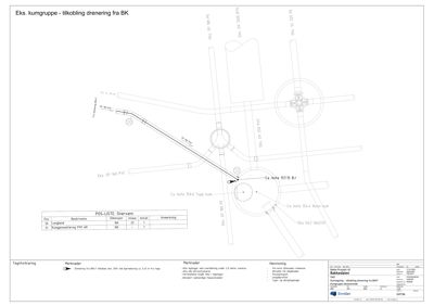 En teknisk tegning som viser detaljert tilkobling av en kumgruppe (drenering) med rørstørrelser, høyder og materialer.