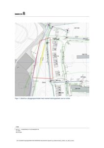 Situasjonsplan (utsnitt) som viser tomtens plassering i forhold til nabolag, veier og kritiske ledningsstrekker.
