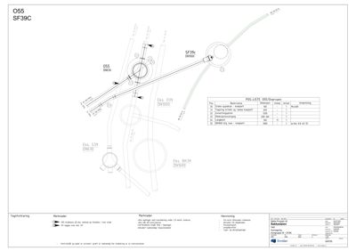 Situasjonsplan som viser plassering av stasjoner (O55, SF39C) og rørledninger i et område med veier og grunneiergrenser.
