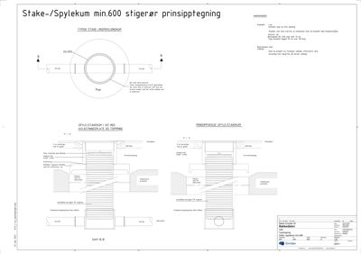 Prinsipptegning og snitt for en stålkonstruksjon (stake/spylekum) med detaljer om dimensjoner og materialer.