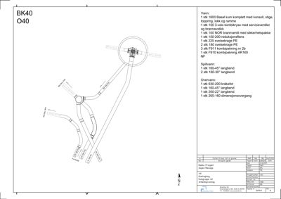 Teknisk detaljtegning for vann- og avløpsanlegg (BK40/O40) med spesifikke krav til rør, ventiler og armaturer.