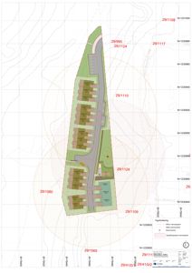 Situasjonsplan som viser tomtens form, beliggenhet, topografi (konturlinjer), plassering av bygninger, veier og arealer med tilhørende arealnummer.