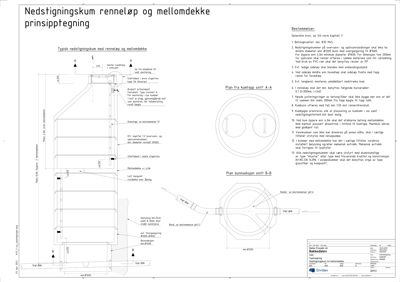 Prinsipptegning for nedsigningskum med renneløp og mellomdekke, inkludert snitt, dimensjoner og bestemmelsesliste.