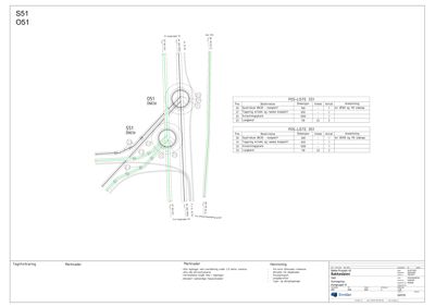Situasjonsplan som viser plassering av en rundkjøring (D51) i forhold til eksisterende veier (D51, D52, D53) og eiendomsgrenser.
