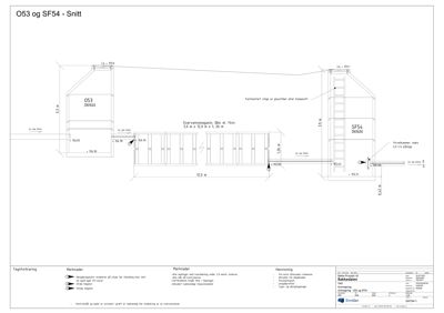 Snittegning som viser tverrsnittet av en bygning eller konstruksjon, med mål, høyder og tekniske detaljer.