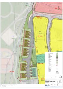 Situasjonsplan som viser tomtedeling, arealbruk, veioppsett og byggefelt for et boligfelt.