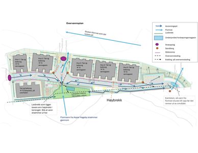 Situasjonsplan som viser overvannshåndtering, flomvei, høybrekk og rørledninger for et område med flere hus.