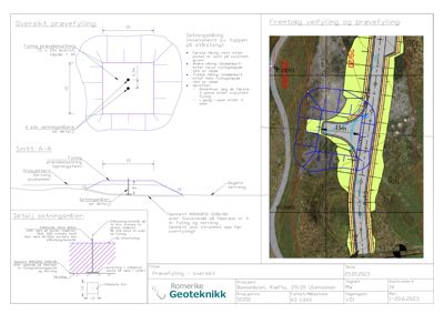 En teknisk oversikt over en prøvefylling, som viser snitt (Snitt A-A), detaljer for setningsmåling og en situasjonsplan for fremtidig veifylling.