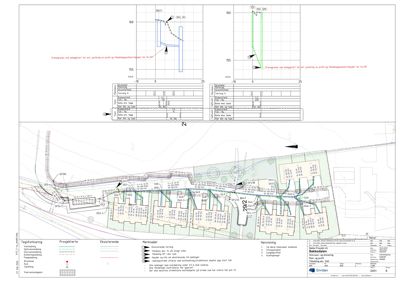 Tegning som viser detaljerte anleggsplaner for ventilasjon (V) og klimagass (K) i en bygning, inkludert rørledninger, utstyr og dimensjoner.